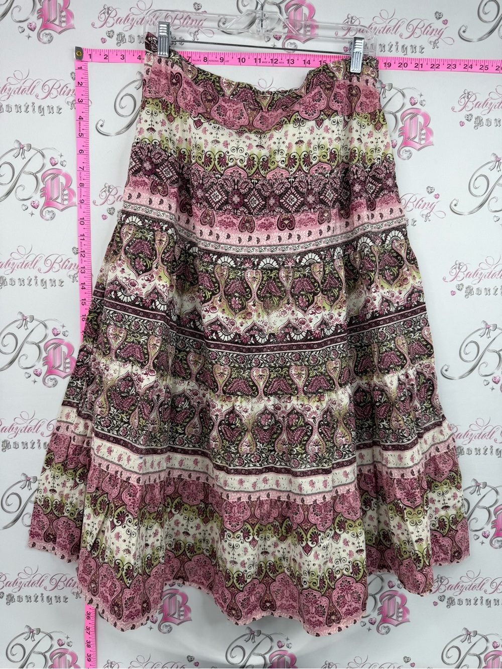 Yzza skirt paisley tier stripe green white Boho Tiered Pink Paisley Skirt